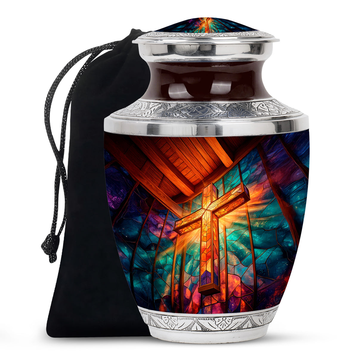 Cherry Red Cross Cremation Urn side profile showing urn shape - artistic cross interpretation with creative detail - full-size 10 inch 200 cubic inch adult cremation urn