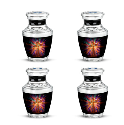 Dark Black Cross Cremation Urn back view with polished surface - artistic cross interpretation with creative detail - 10 inch aluminum urn for cremated remains