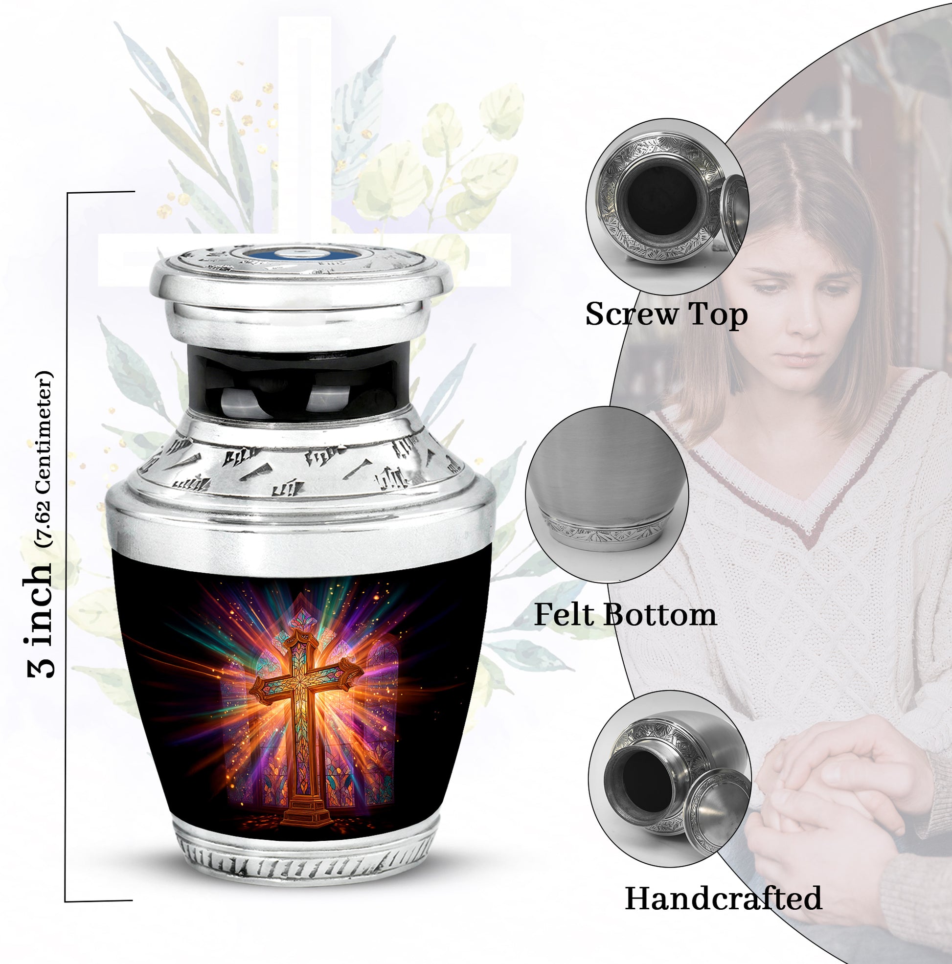 Glossy Black Cross Cremation Urn top-down view of secure threaded lid - modern art-inspired cross motif on sleek aluminum - mini keepsake memorial for portion of cremation ashes