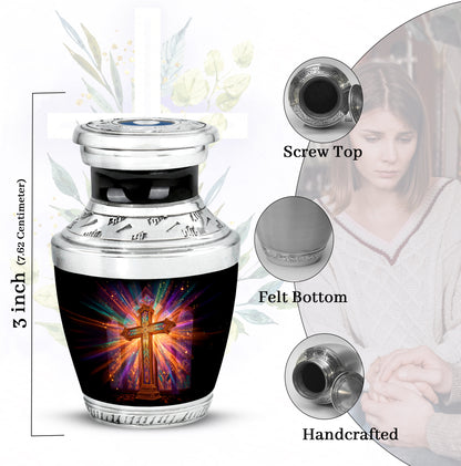 Glossy Black Cross Cremation Urn top-down view of secure threaded lid - modern art-inspired cross motif on sleek aluminum - mini keepsake memorial for portion of cremation ashes