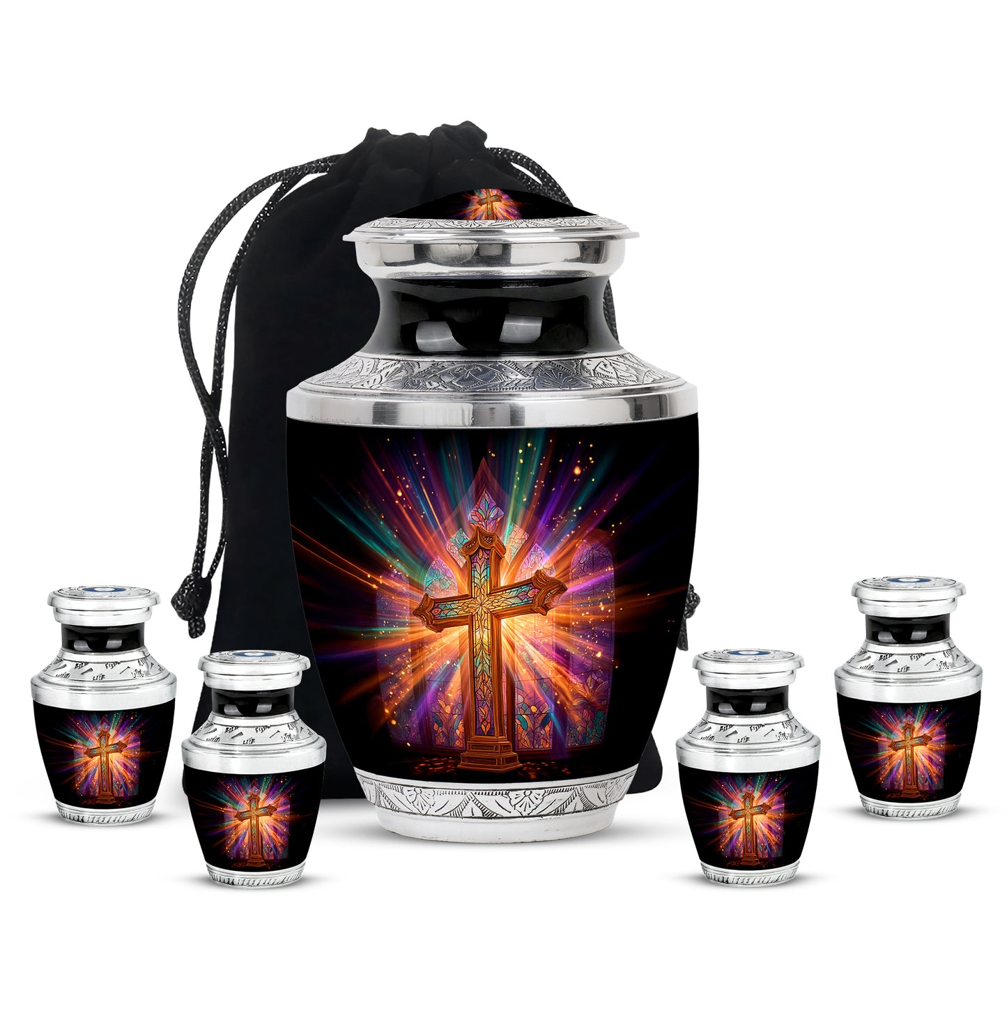 Rich Black Cross Cremation Urn lifestyle display on memorial shelf - modern art-inspired cross motif on sleek aluminum - memorial set with one large and four small urns