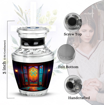 Glossy Black Cross Cremation Urn top-down view of secure threaded lid - contemporary cross design with modern artistic flair - mini keepsake memorial for portion of cremation ashes