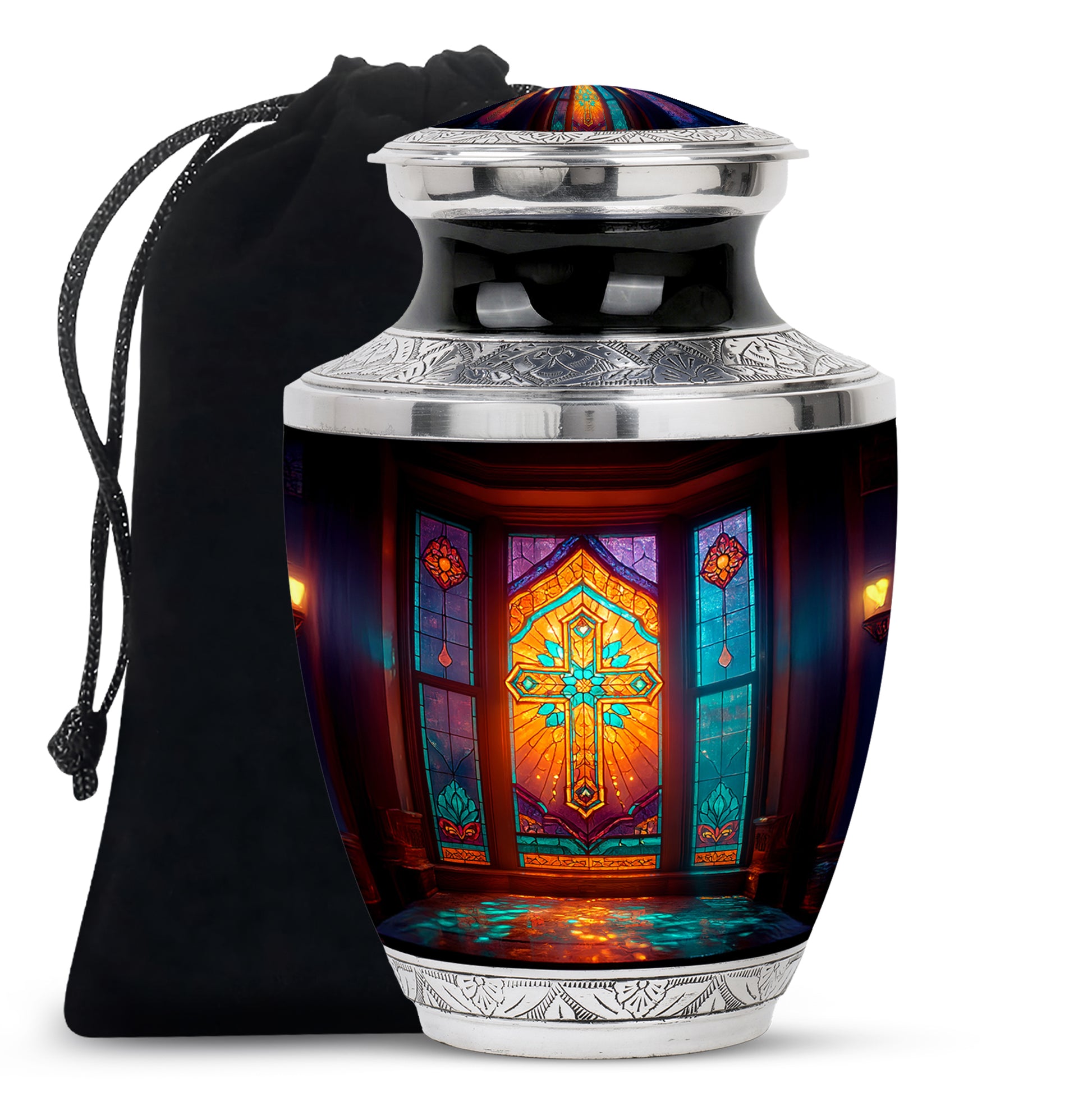 Jet Black Cross Cremation Urn side profile showing urn shape - modern art-inspired cross motif on sleek aluminum - full-size 10 inch 200 cubic inch adult cremation urn