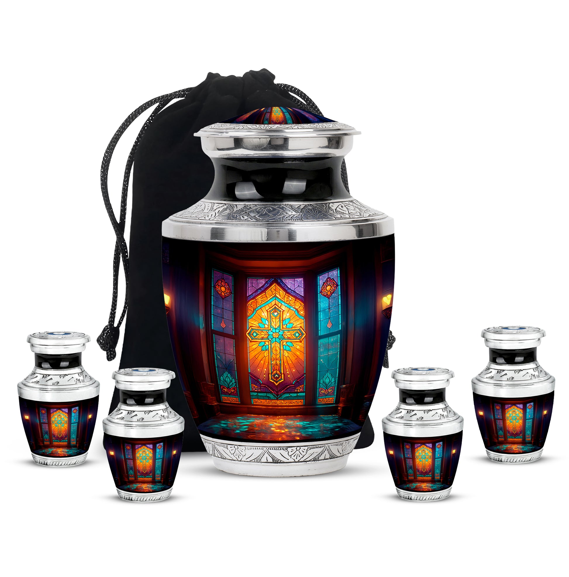 Deep Black Cross Cremation Urn lifestyle display on memorial shelf - contemporary cross design with modern artistic flair - memorial set with one large and four small urns