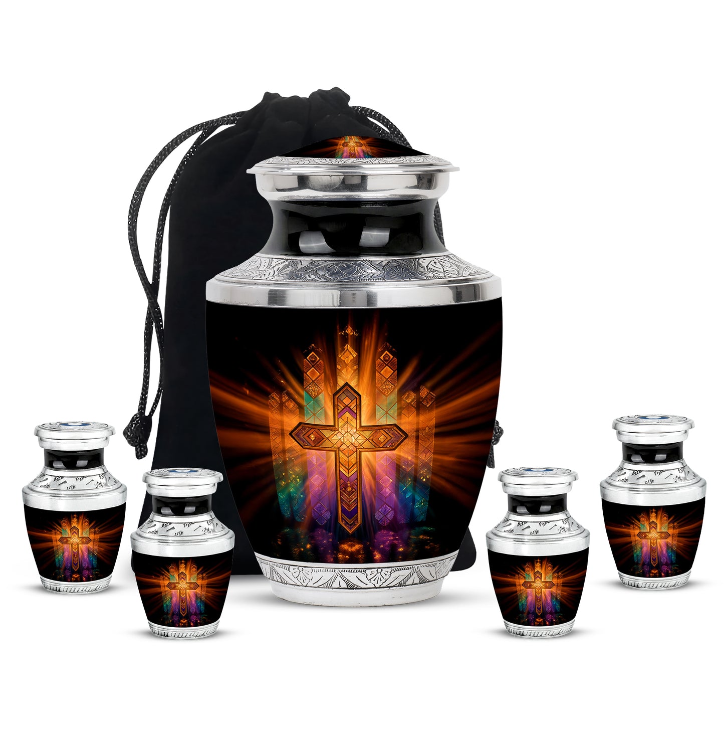 Charcoal Black Cross Cremation Urn lifestyle display on memorial shelf - artistic cross interpretation with creative detail - memorial set with one large and four small urns