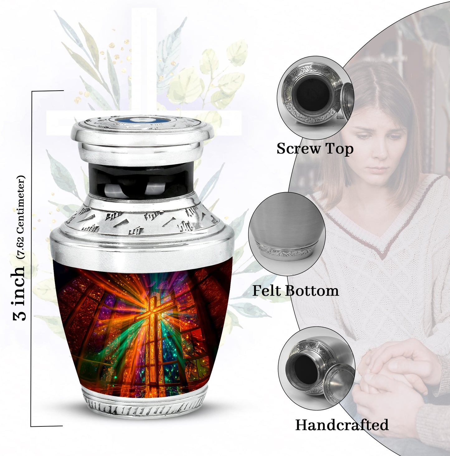 Vintage Pink Cross Cremation Urn top-down view of secure threaded lid - stylized abstract cross pattern with bold lines - mini keepsake memorial for portion of cremation ashes