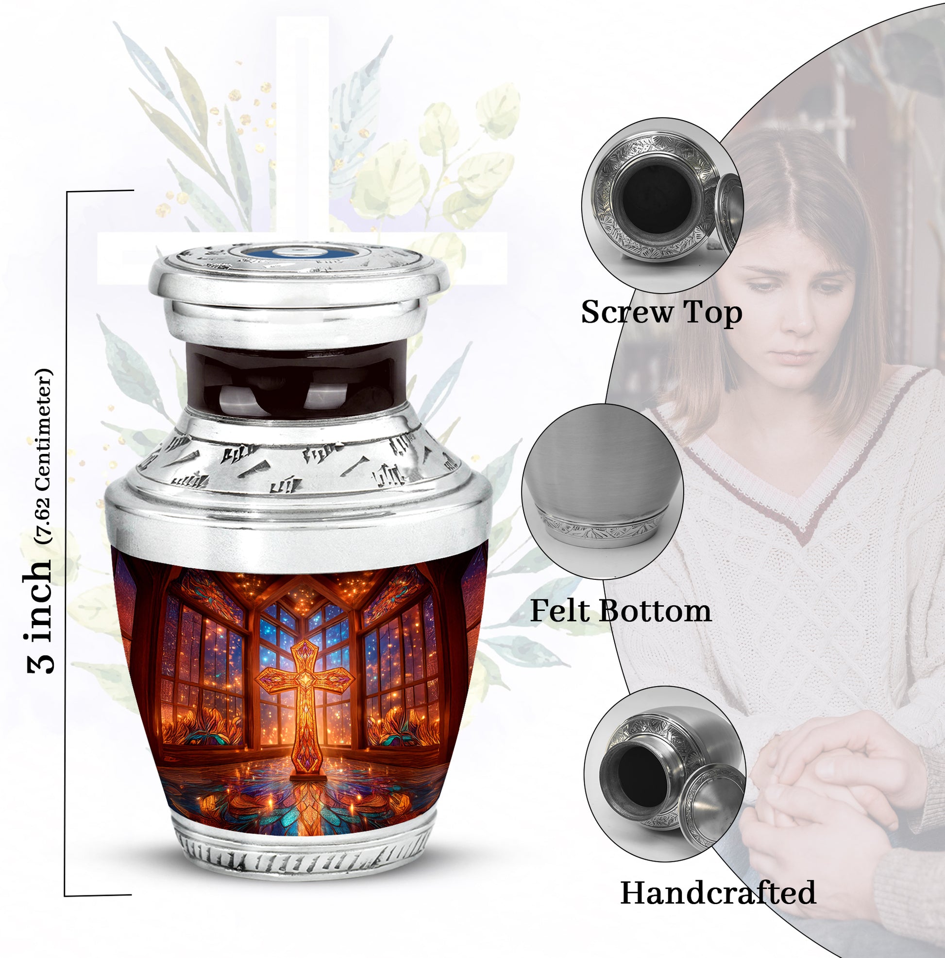 Cherry Red Cross Cremation Urn top-down view of secure threaded lid - artistic cross interpretation with creative detail - mini keepsake memorial for portion of cremation ashes