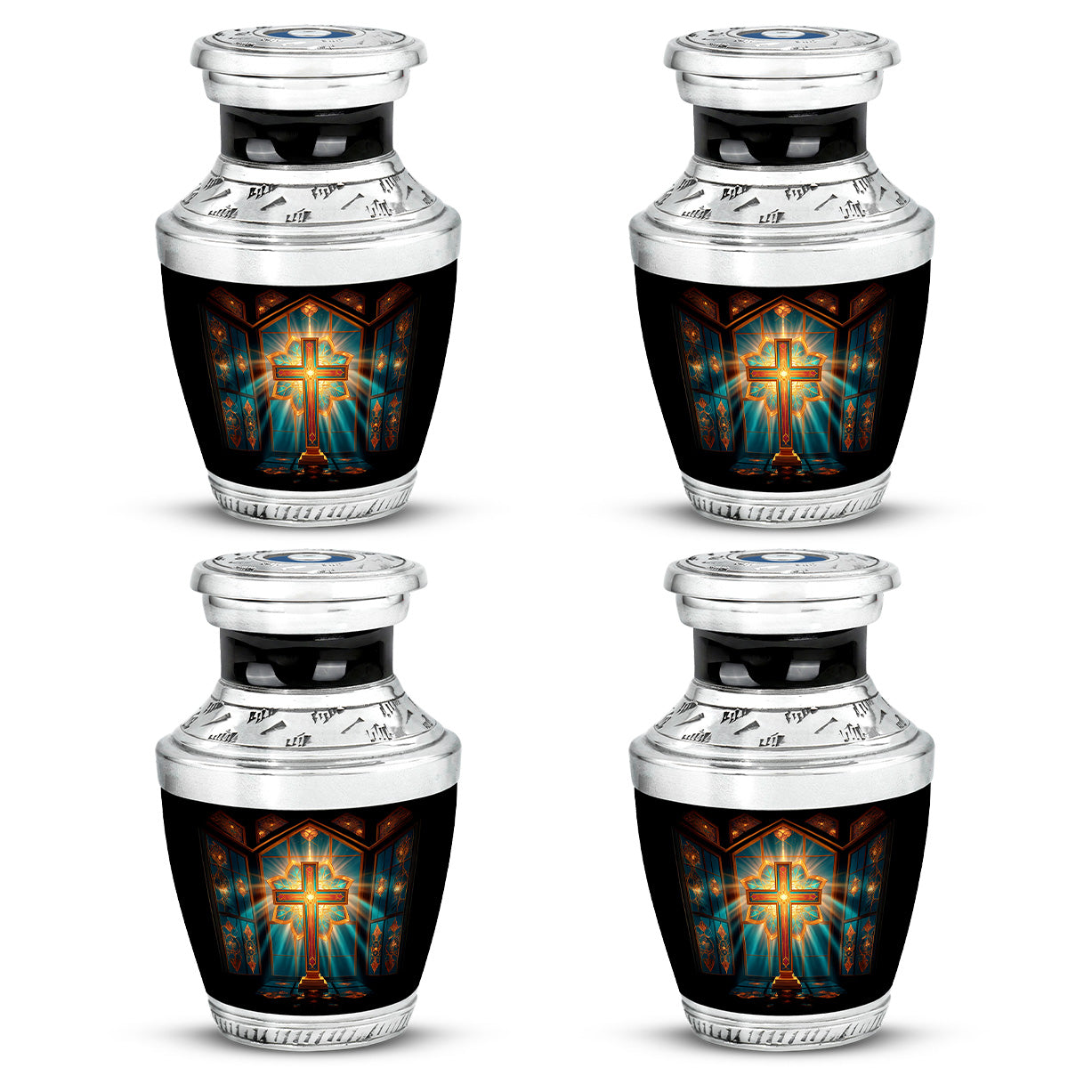 Deep Red Cross Cremation Urn back view with polished surface - modern art-inspired cross motif on sleek aluminum - 10 inch aluminum urn for cremated remains