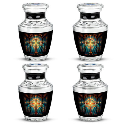Deep Red Cross Cremation Urn back view with polished surface - modern art-inspired cross motif on sleek aluminum - 10 inch aluminum urn for cremated remains