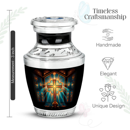 Ruby Red Cross Cremation Urn top-down view of secure threaded lid - stylized abstract cross pattern with bold lines - mini keepsake memorial for portion of cremation ashes