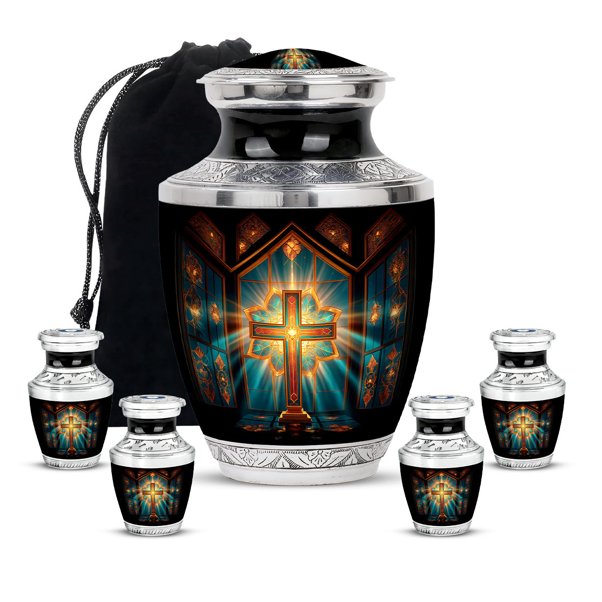Ruby Red Cross Cremation Urn lifestyle display on memorial shelf - stylized abstract cross pattern with bold lines - memorial set with one large and four small urns