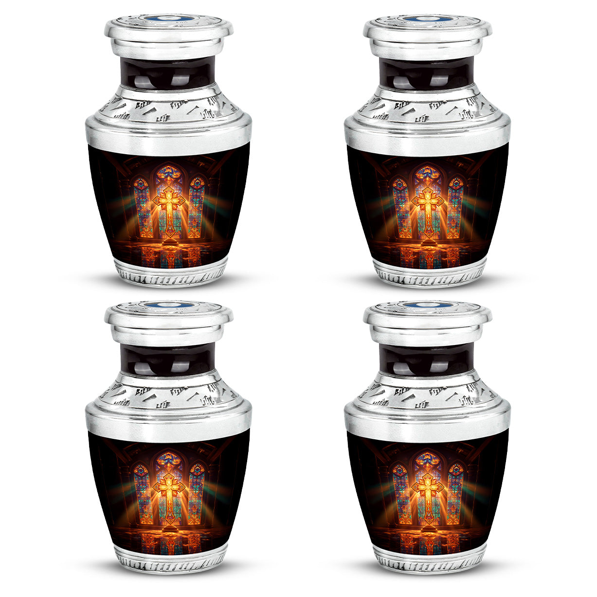 Wine Red Cross Cremation Urn back view with polished surface - modern art-inspired cross motif on sleek aluminum - 10 inch aluminum urn for cremated remains