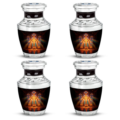 Wine Red Cross Cremation Urn back view with polished surface - modern art-inspired cross motif on sleek aluminum - 10 inch aluminum urn for cremated remains