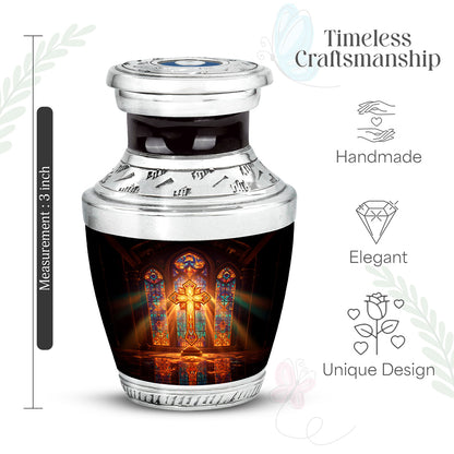 Scarlet Red Cross Cremation Urn top-down view of secure threaded lid - stylized abstract cross pattern with bold lines - mini keepsake memorial for portion of cremation ashes