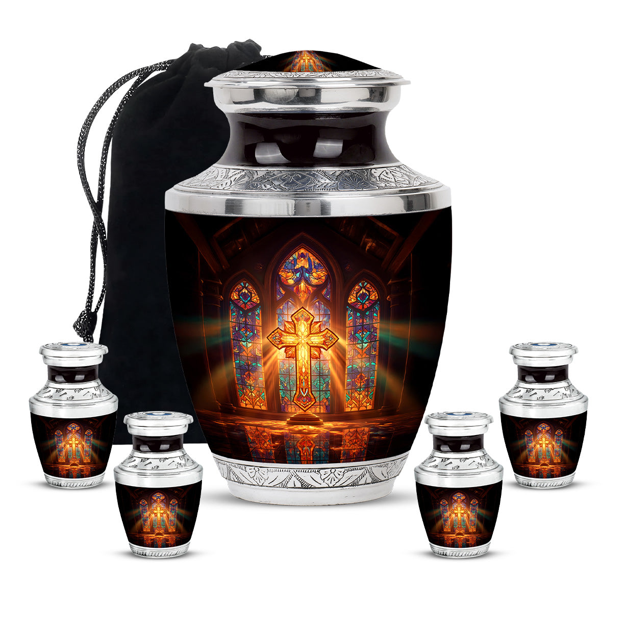 Ruby Red Cross Cremation Urn lifestyle display on memorial shelf - stylized abstract cross pattern with bold lines - memorial set with one large and four small urns