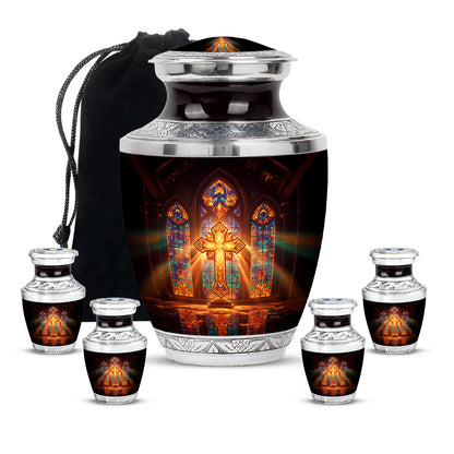 Ruby Red Cross Cremation Urn lifestyle display on memorial shelf - stylized abstract cross pattern with bold lines - memorial set with one large and four small urns