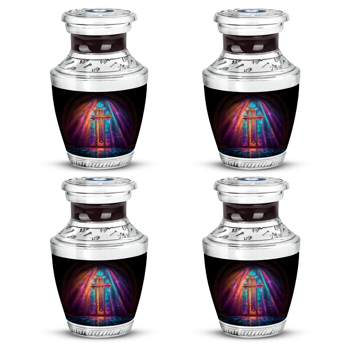 Midnight Black Cross Cremation Urn back view with polished surface - artistic cross interpretation with creative detail - 10 inch aluminum urn for cremated remains