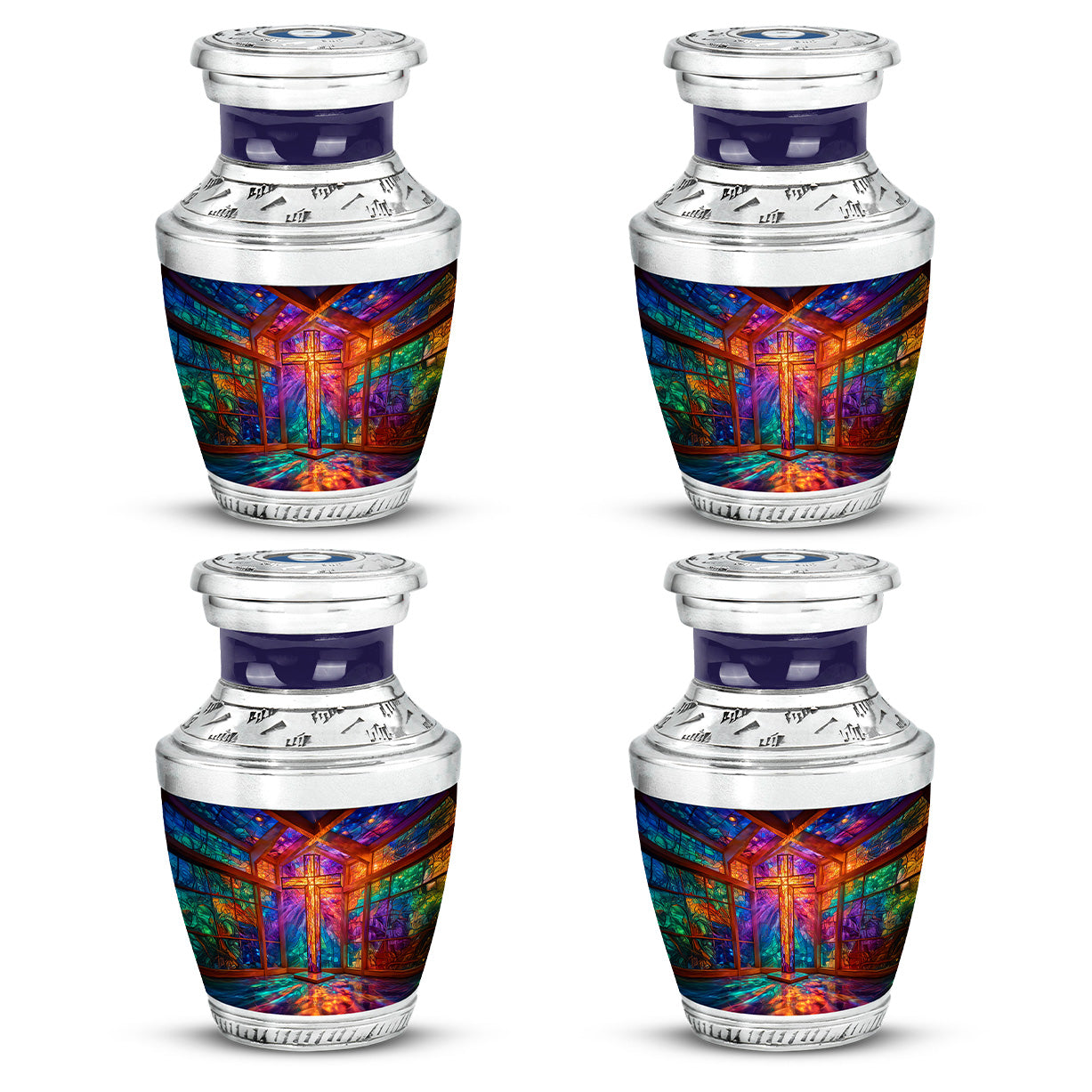 Twilight Purple Cross Cremation Urn back view with polished surface - stylized abstract cross pattern with bold lines - 10 inch aluminum urn for cremated remains