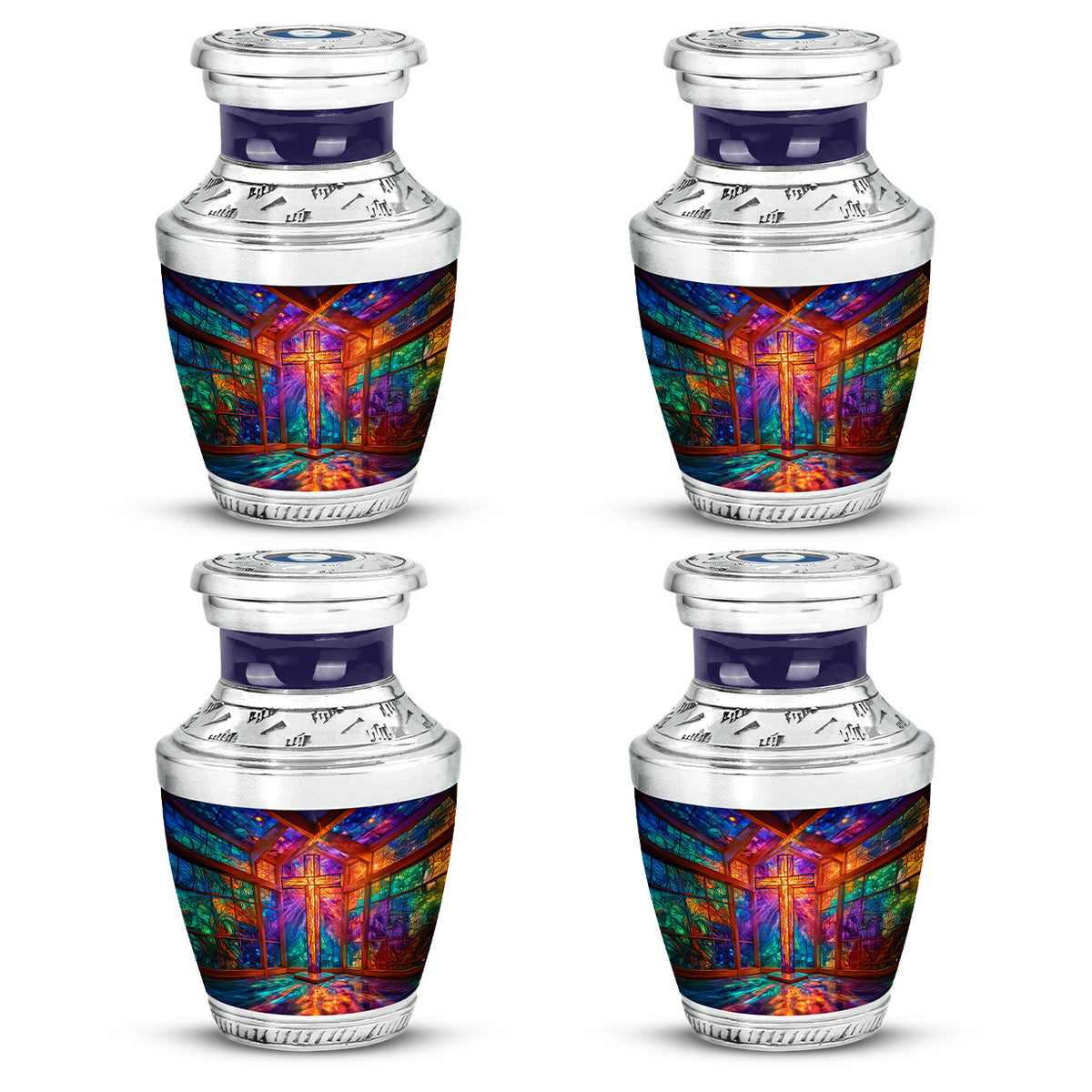 Twilight Purple Cross Cremation Urn back view with polished surface - stylized abstract cross pattern with bold lines - 10 inch aluminum urn for cremated remains