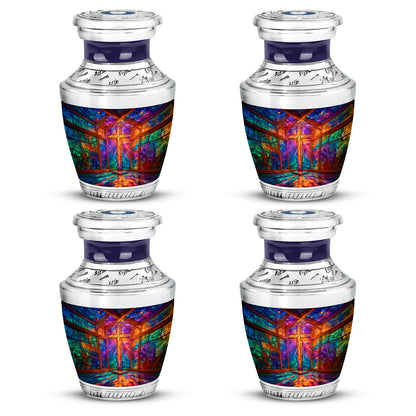 Twilight Purple Cross Cremation Urn back view with polished surface - stylized abstract cross pattern with bold lines - 10 inch aluminum urn for cremated remains