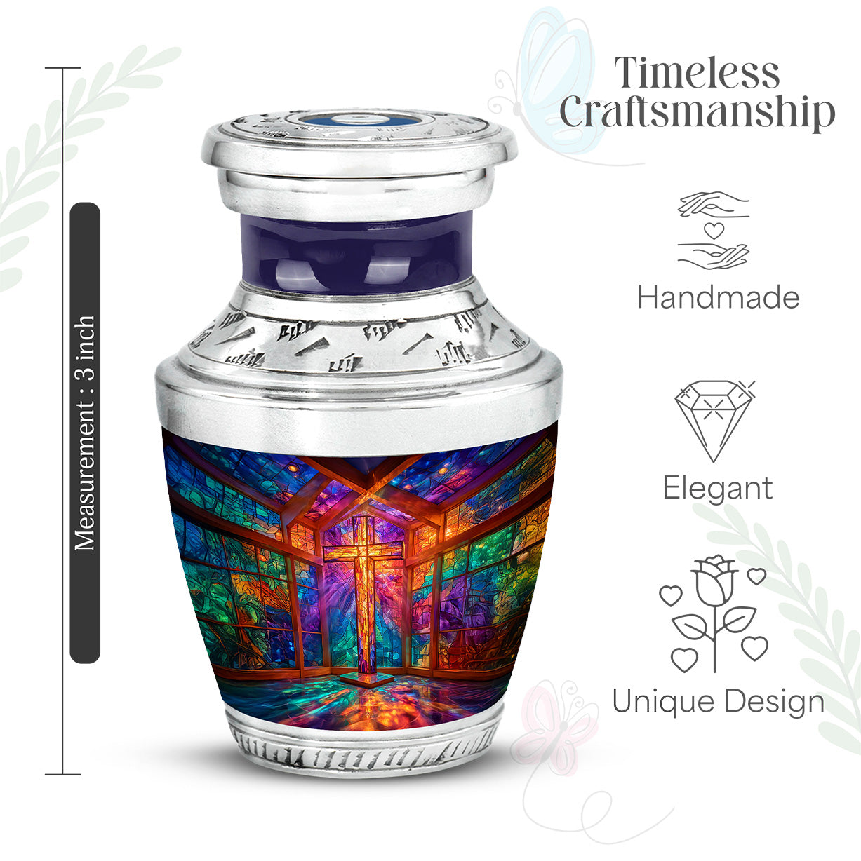 Lavender Purple Cross Cremation Urn top-down view of secure threaded lid - stylized abstract cross pattern with bold lines - mini keepsake memorial for portion of cremation ashes