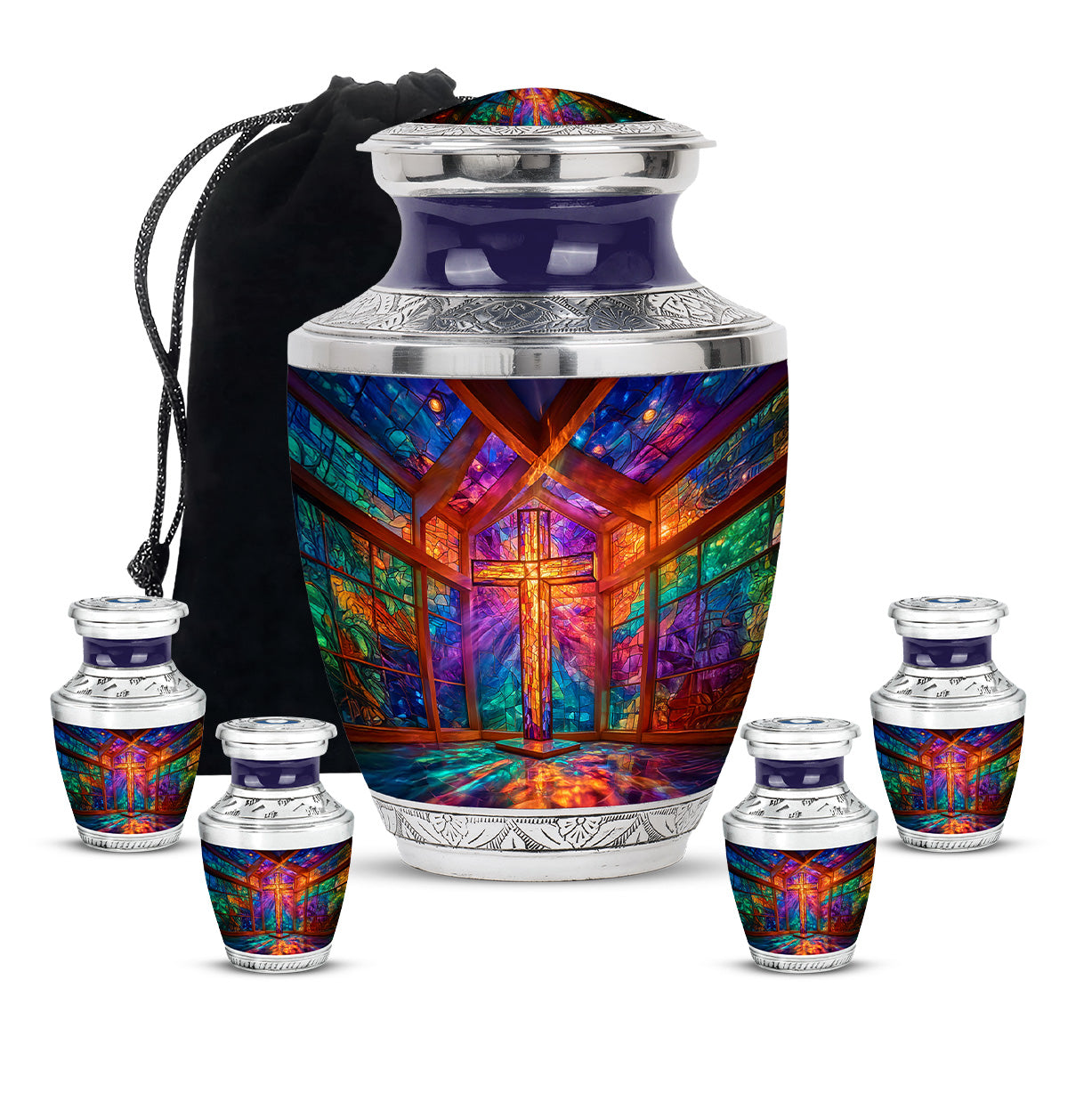 Twilight Purple Cross Cremation Urn lifestyle display on memorial shelf - stylized abstract cross pattern with bold lines - memorial set with one large and four small urns