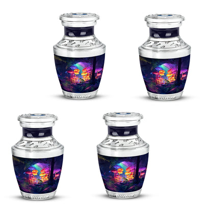 Sapphire Blue Frog Cremation Urn back view with polished surface - stylized abstract frog pattern with bold lines - 10 inch aluminum urn for cremated remains