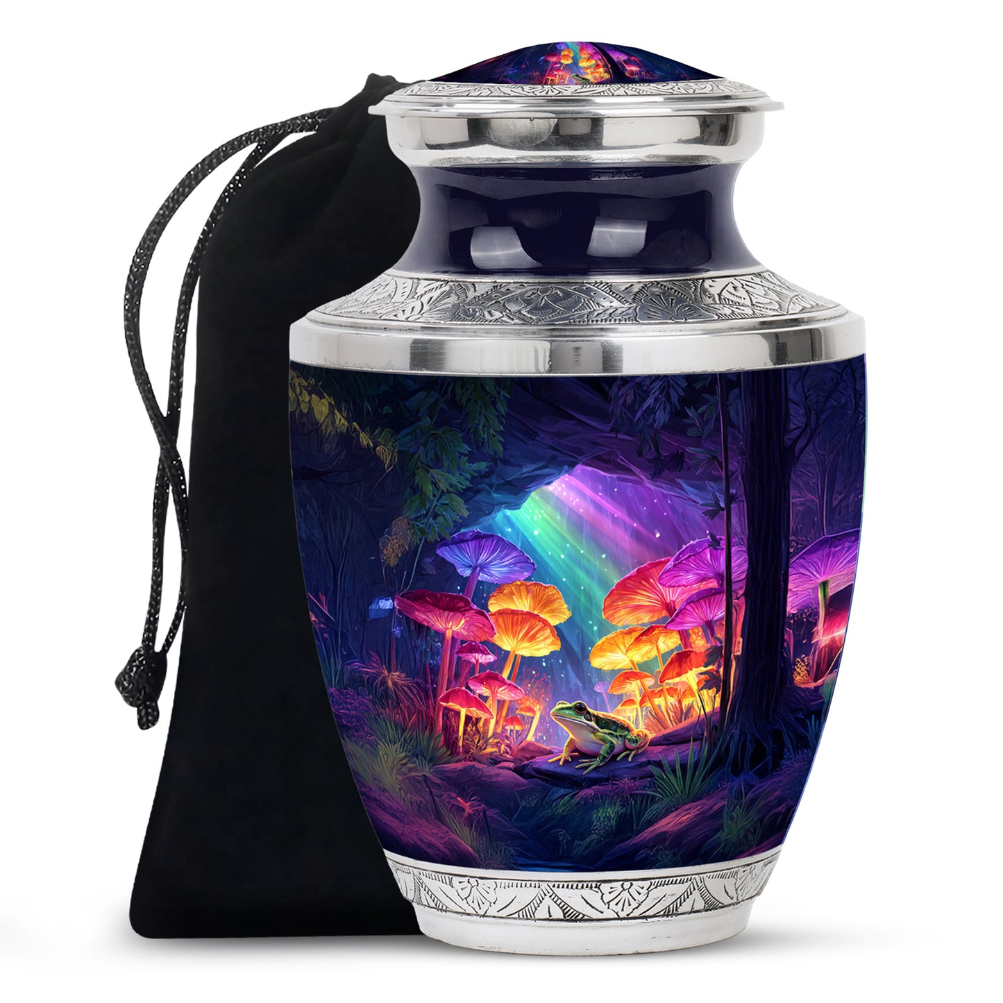 Soft Blue Frog Cremation Urn side profile showing urn shape - stylized abstract frog pattern with bold lines - full-size 10 inch 200 cubic inch adult cremation urn