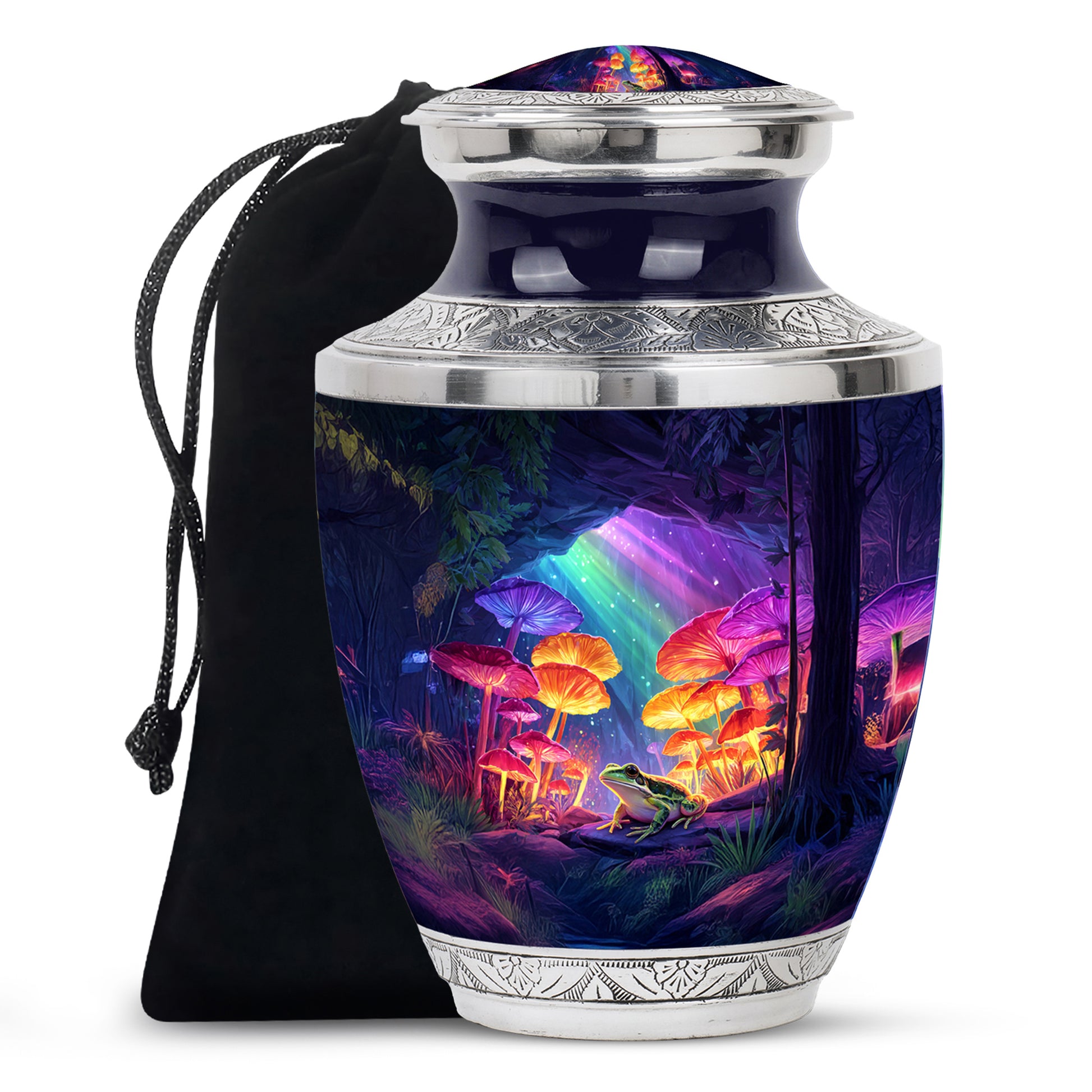 Soft Blue Frog Cremation Urn side profile showing urn shape - stylized abstract frog pattern with bold lines - full-size 10 inch 200 cubic inch adult cremation urn