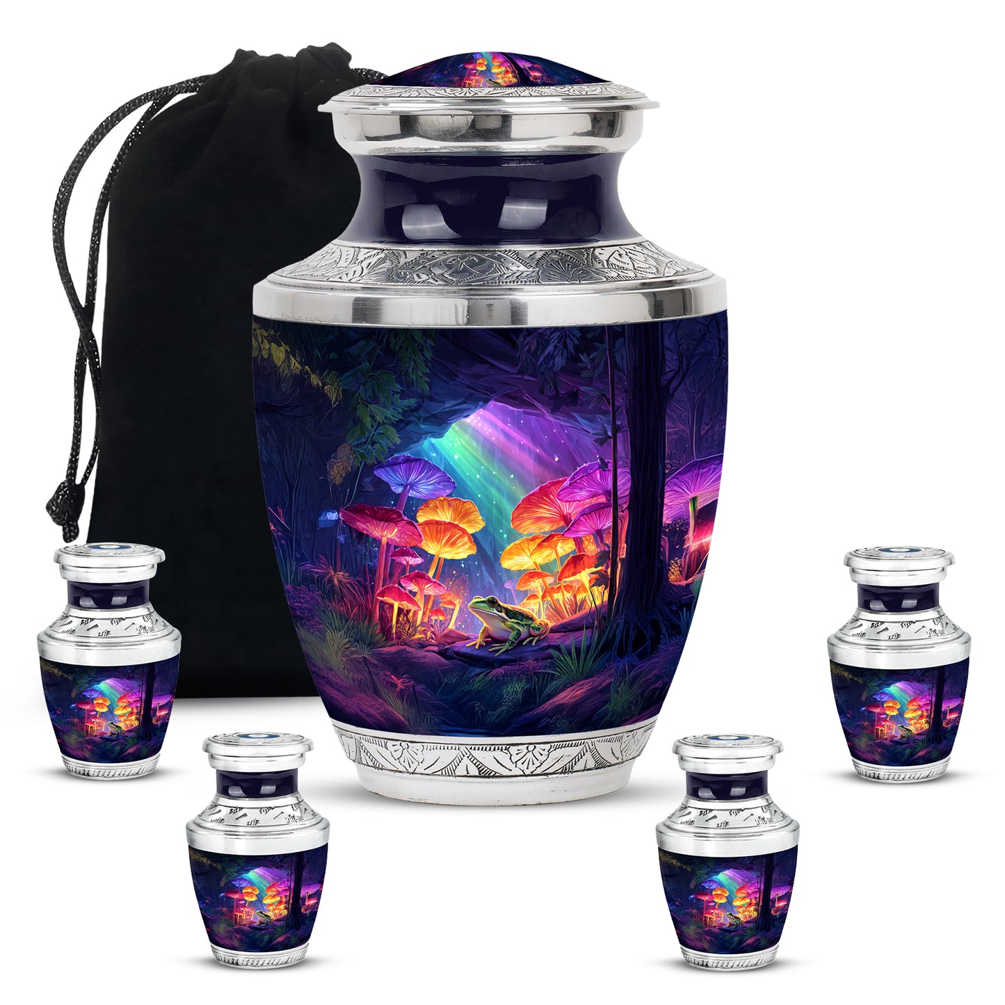 Misty Blue Frog Cremation Urn lifestyle display on memorial shelf - contemporary frog design with modern artistic flair - memorial set with one large and four small urns