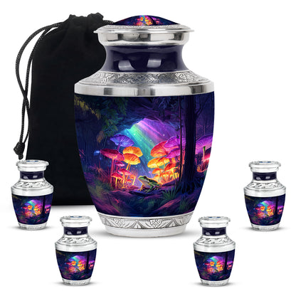 Misty Blue Frog Cremation Urn lifestyle display on memorial shelf - contemporary frog design with modern artistic flair - memorial set with one large and four small urns