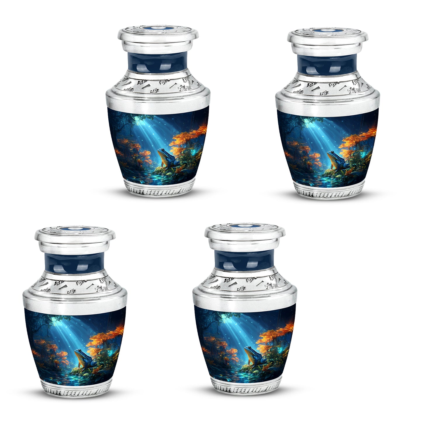Misty Blue Frog Cremation Urn back view with polished surface - contemporary frog design with modern artistic flair - 10 inch aluminum urn for cremated remains
