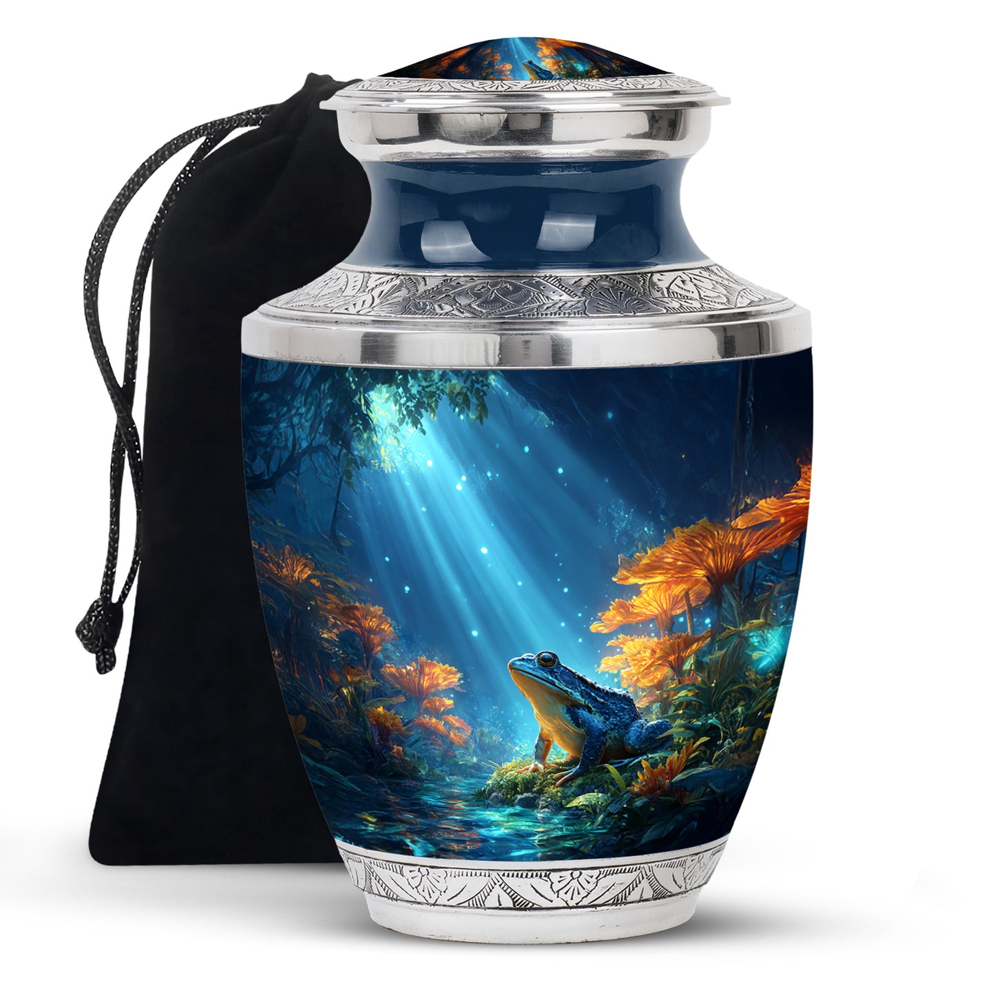 Soft Blue Frog Cremation Urn side profile showing urn shape - artistic frog interpretation with creative detail - full-size 10 inch 200 cubic inch adult cremation urn