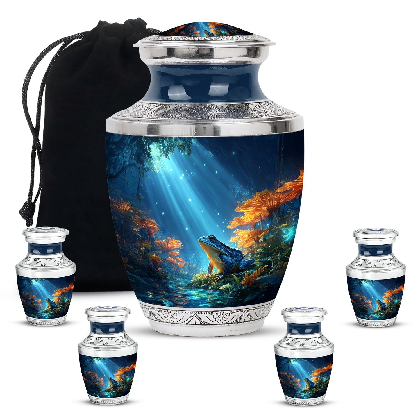 Dusty Blue Frog Cremation Urn lifestyle display on memorial shelf - contemporary frog design with modern artistic flair - memorial set with one large and four small urns