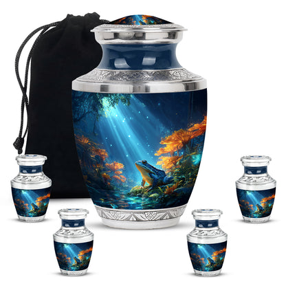 Dusty Blue Frog Cremation Urn lifestyle display on memorial shelf - contemporary frog design with modern artistic flair - memorial set with one large and four small urns