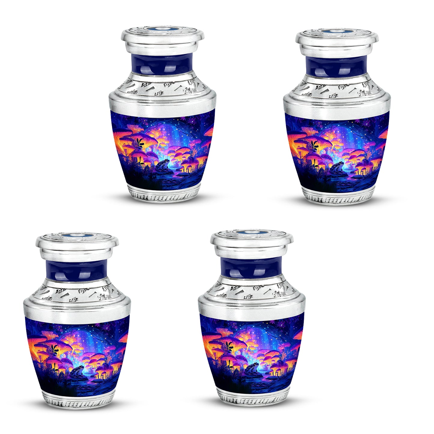 Steel Blue Frog Cremation Urn back view with polished surface - stylized abstract frog pattern with bold lines - 10 inch aluminum urn for cremated remains