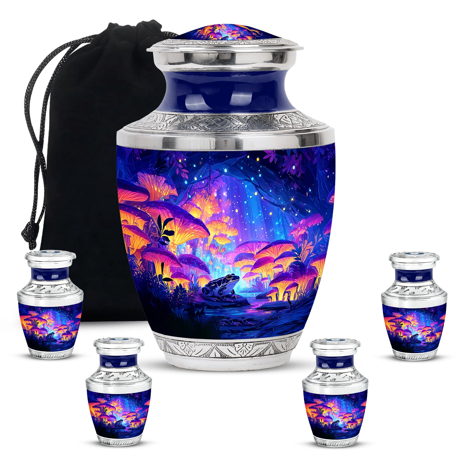 Calming Blue Frog Cremation Urn lifestyle display on memorial shelf - stylized abstract frog pattern with bold lines - memorial set with one large and four small urns