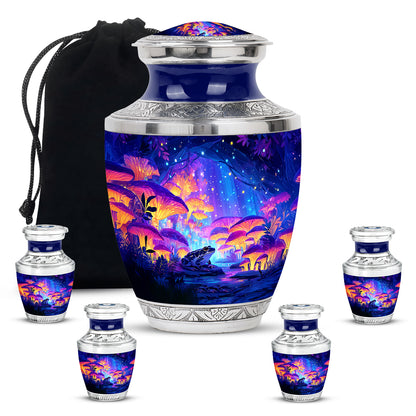 Calming Blue Frog Cremation Urn lifestyle display on memorial shelf - stylized abstract frog pattern with bold lines - memorial set with one large and four small urns