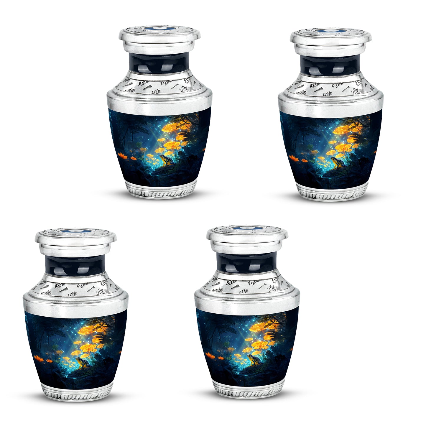 Royal Blue Frog Cremation Urn back view with polished surface - stylized abstract frog pattern with bold lines - 10 inch aluminum urn for cremated remains