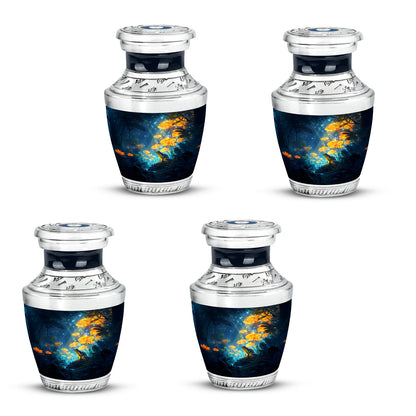 Royal Blue Frog Cremation Urn back view with polished surface - stylized abstract frog pattern with bold lines - 10 inch aluminum urn for cremated remains