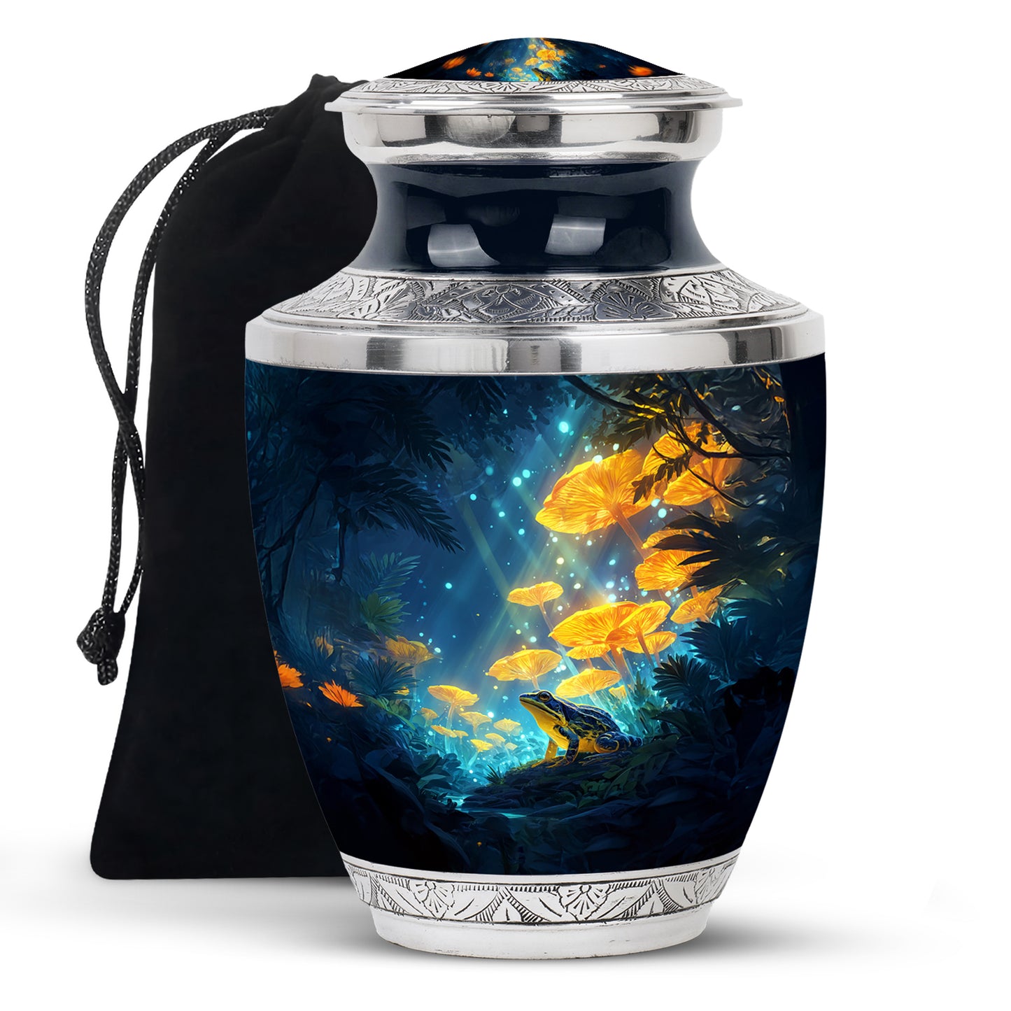 Cobalt Blue Frog Cremation Urn side profile showing urn shape - stylized abstract frog pattern with bold lines - full-size 10 inch 200 cubic inch adult cremation urn