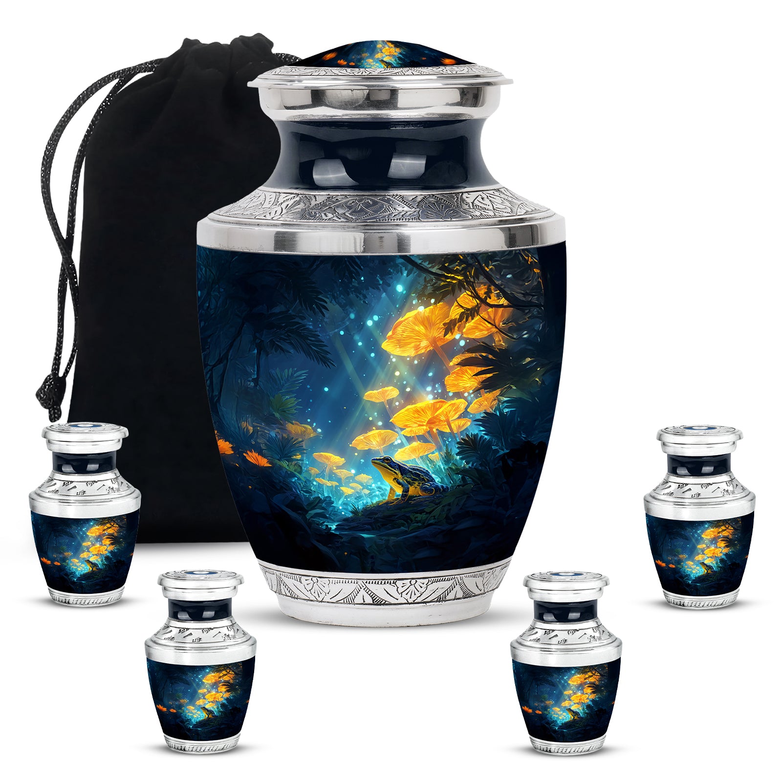 Sky Blue Frog Cremation Urn lifestyle display on memorial shelf - contemporary frog design with modern artistic flair - memorial set with one large and four small urns