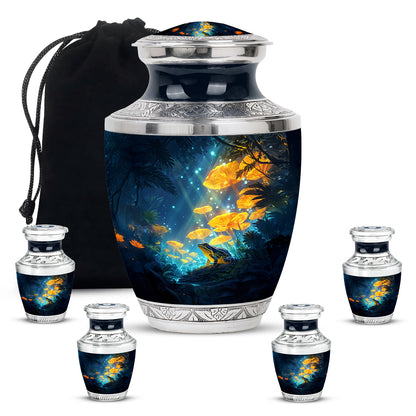 Sky Blue Frog Cremation Urn lifestyle display on memorial shelf - contemporary frog design with modern artistic flair - memorial set with one large and four small urns