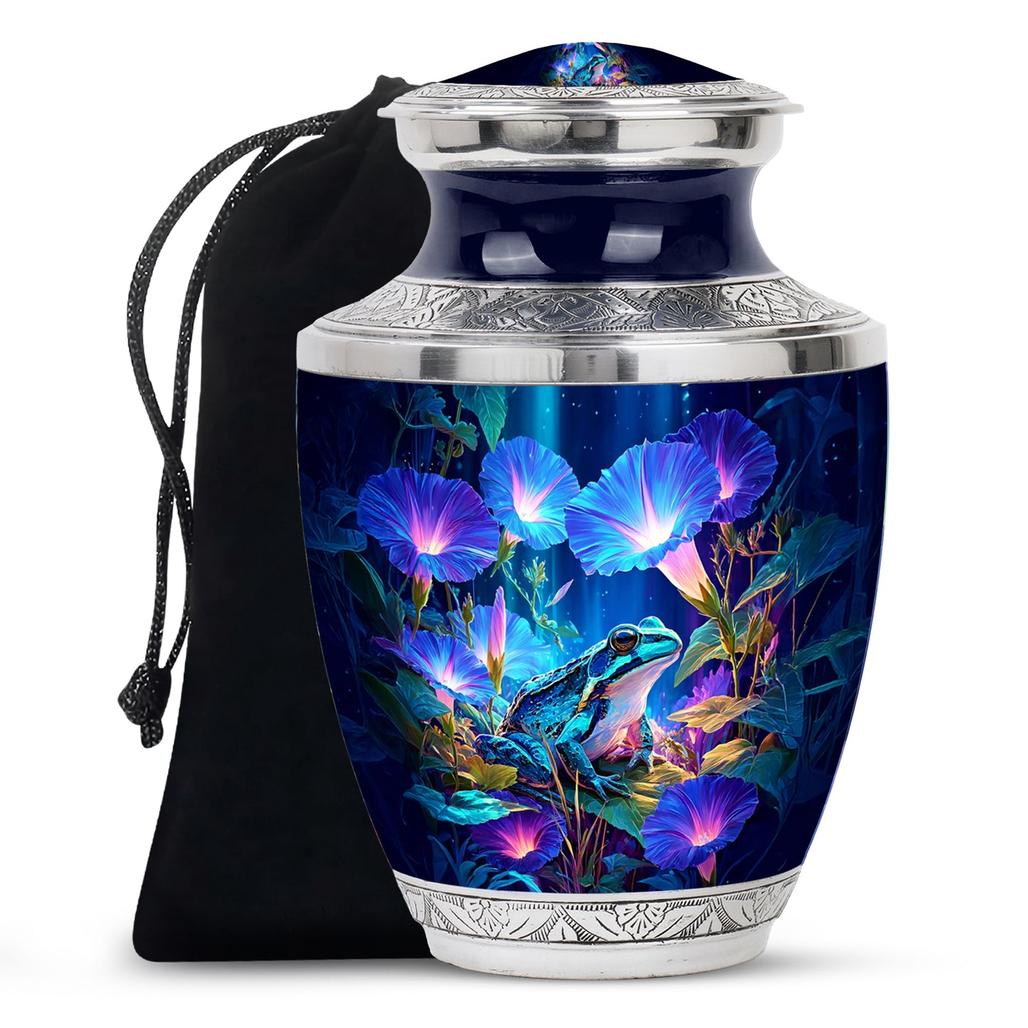 Steel Blue Frog Cremation Urn side profile showing urn shape - artistic frog interpretation with creative detail - full-size 10 inch 200 cubic inch adult cremation urn