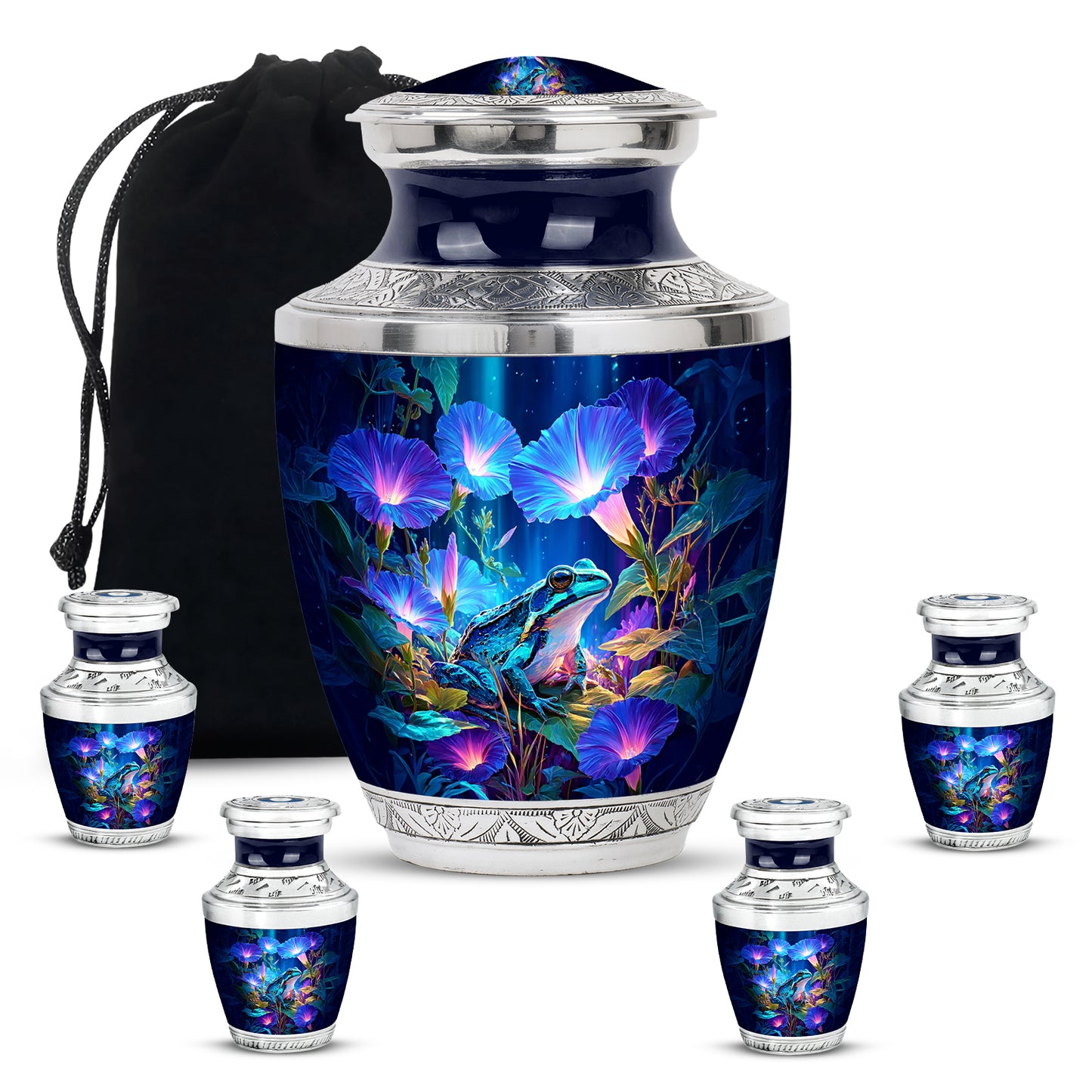 Calming Blue Frog Cremation Urn lifestyle display on memorial shelf - artistic frog interpretation with creative detail - memorial set with one large and four small urns