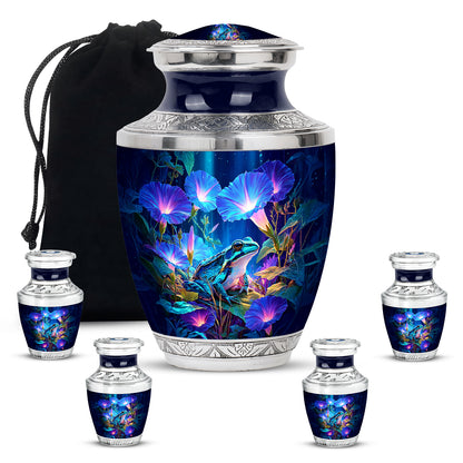 Calming Blue Frog Cremation Urn lifestyle display on memorial shelf - artistic frog interpretation with creative detail - memorial set with one large and four small urns