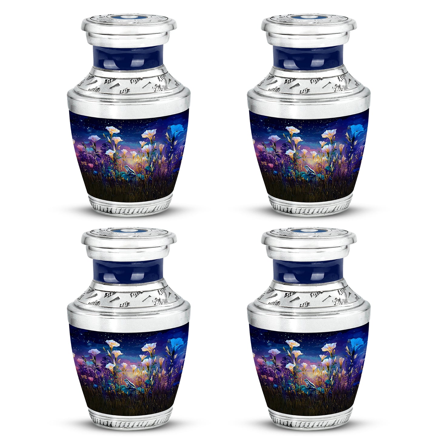 Sapphire Blue Frog Cremation Urn back view with polished surface - stylized abstract frog pattern with bold lines - 10 inch aluminum urn for cremated remains