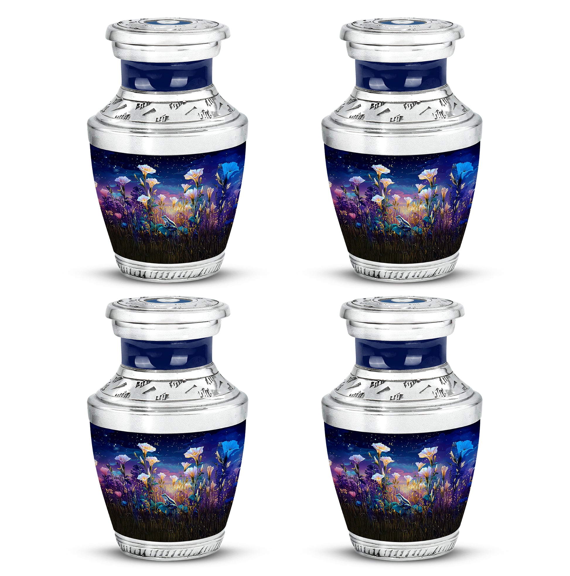 Sapphire Blue Frog Cremation Urn back view with polished surface - stylized abstract frog pattern with bold lines - 10 inch aluminum urn for cremated remains