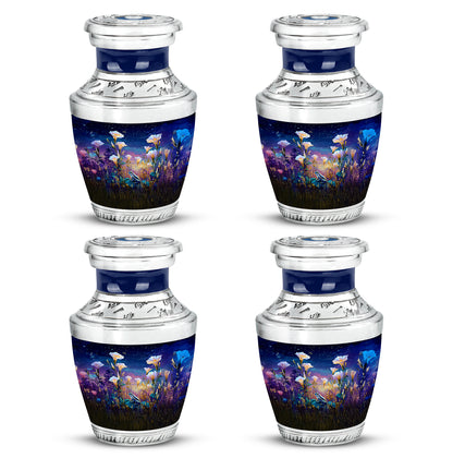Sapphire Blue Frog Cremation Urn back view with polished surface - stylized abstract frog pattern with bold lines - 10 inch aluminum urn for cremated remains