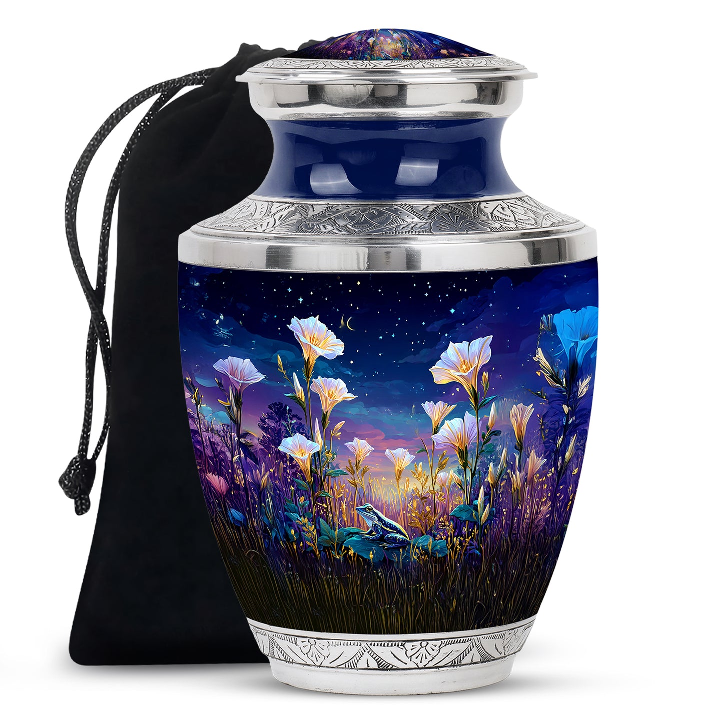 Azure Frog Cremation Urn side profile showing urn shape - contemporary frog design with modern artistic flair - full-size 10 inch 200 cubic inch adult cremation urn
